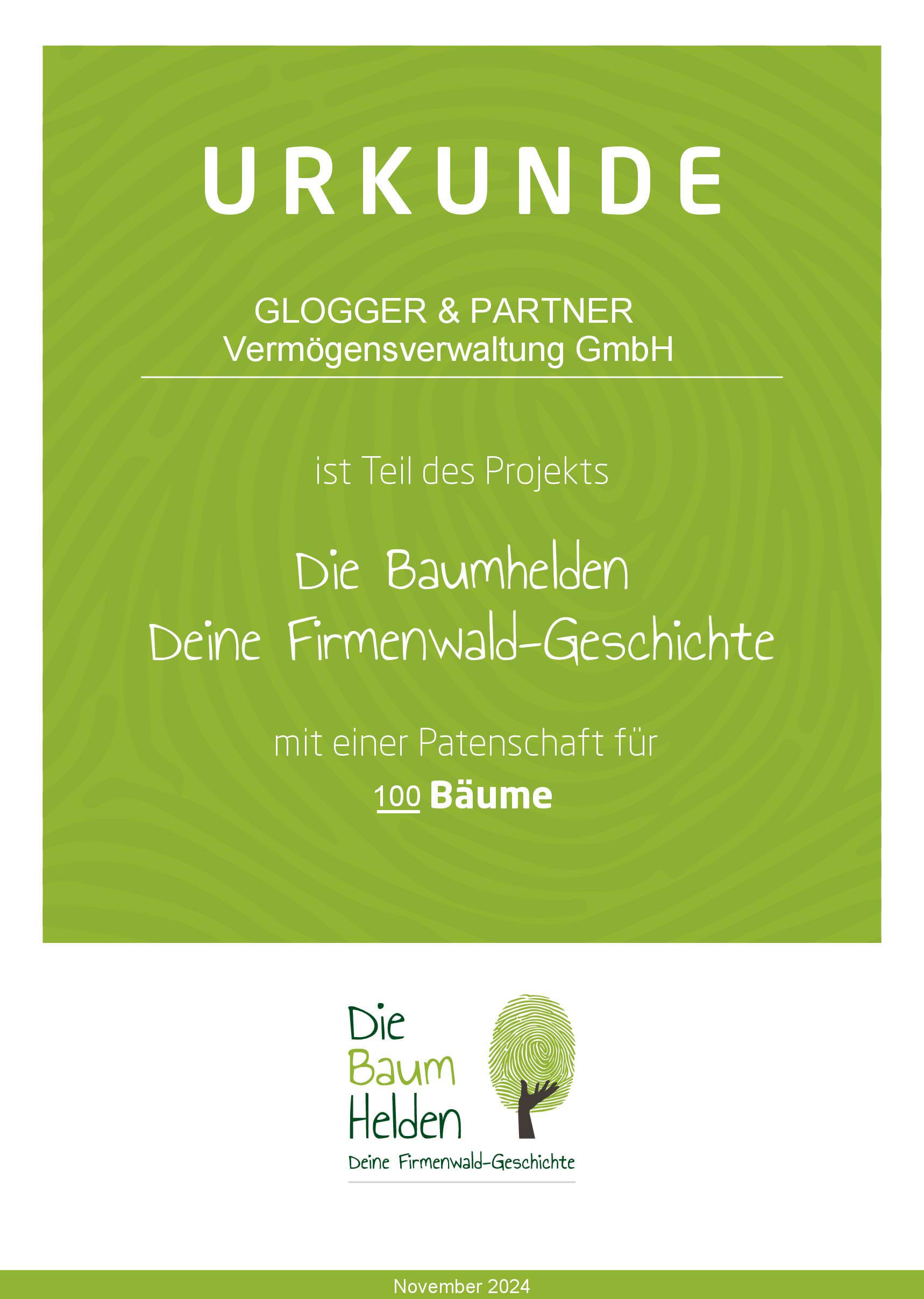 Glogger und Partner die Baumhelden Urkunde