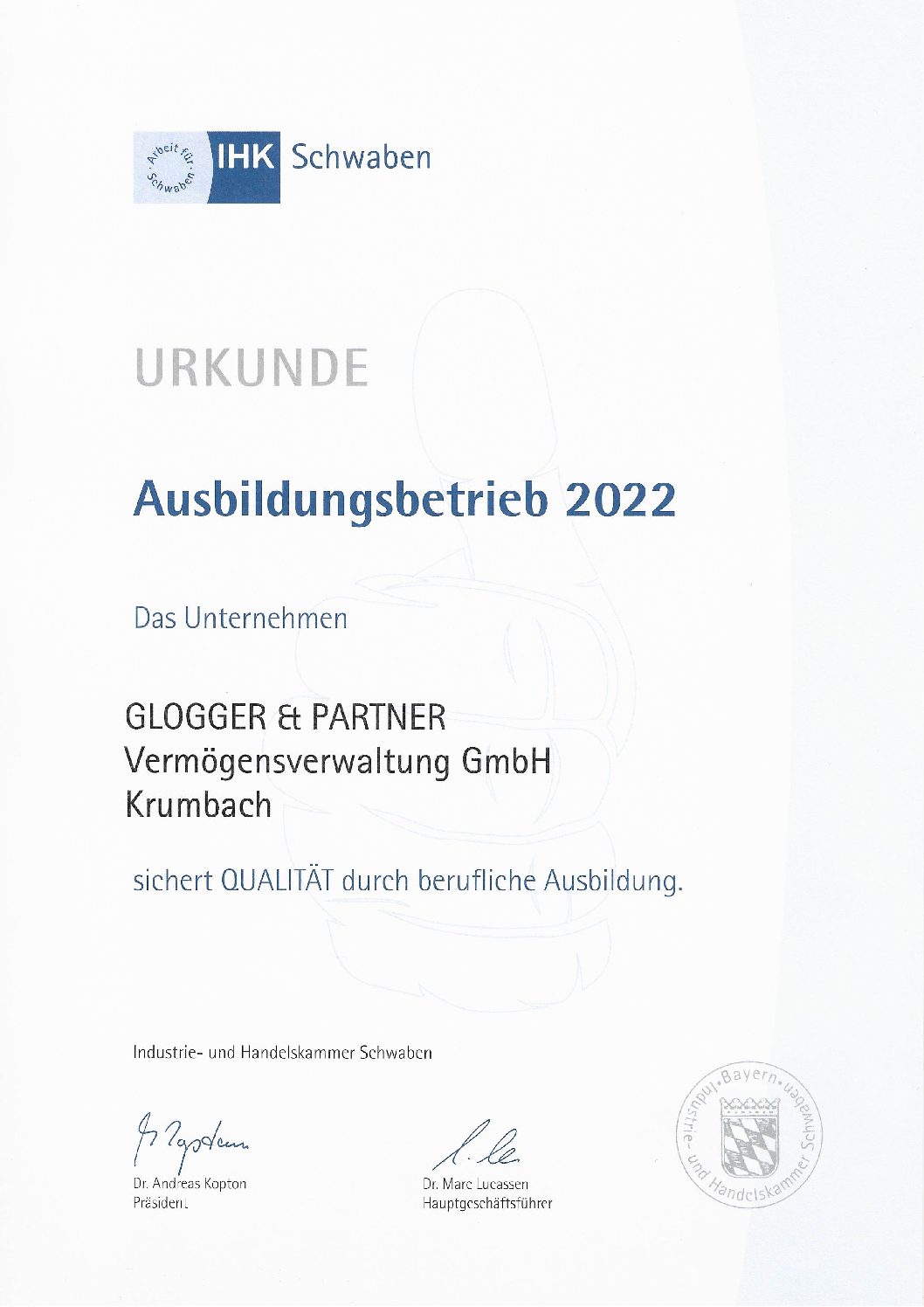 Glogger und Partner Vermögensverwaltung Ausbildungsbetrieb 2022